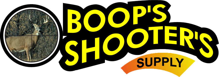 Logo for "Boop's Shooter's Supply" with bold yellow text. On the left, an image of a deer in a rifle's crosshairs. "SUPPLY" is written in smaller black letters on a yellow-orange banner.