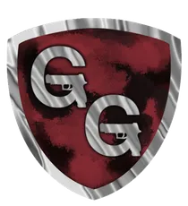 A metallic shield with a maroon background featuring two large silver letters "G", each incorporating the shape of a handgun within the letter.