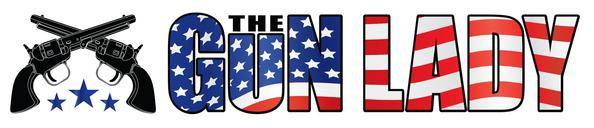 Logo with crossed black pistols above three blue stars, the words "The Gun Lady" in bold letters; "GUN" features a blue, white, and red stars-and-stripes pattern, "LADY" has a red and white striped wave.