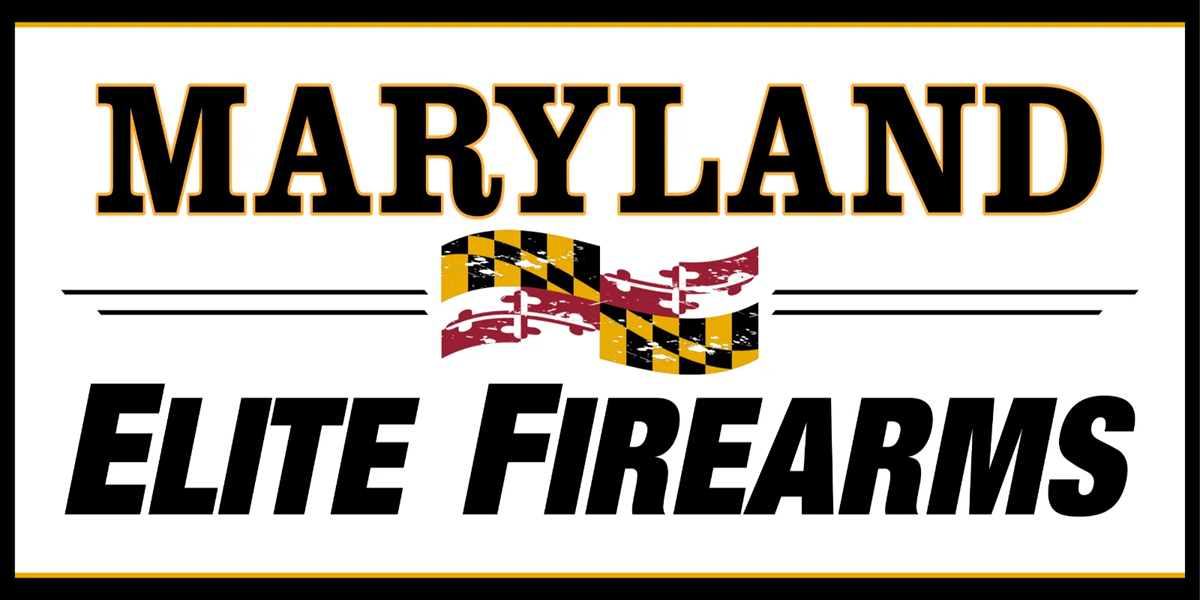 Logo with "Maryland Elite Firearms" in bold text. The word "Maryland" is at the top, above a stylized Maryland flag element, with "Elite Firearms" below. The design features black, gold, and red colors.