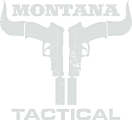 Logo with the word "Montana" above two revolvers arranged to look like a bull's head, and the word "Tactical" below. The design is in a light gray color on a transparent background.