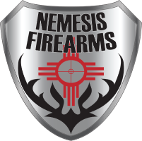 A silver shield logo featuring the text "NEMESIS FIREARMS" above a red bullseye over a symbol resembling the Zia sun, with black tribal-style designs on the lower part of the shield.