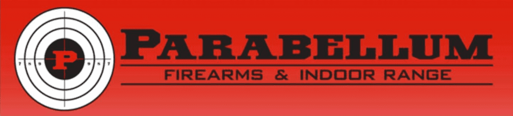 Logo on a red background featuring a target with a "P" in the center and the text "PARABELLUM FIREARMS & INDOOR RANGE" in bold black letters.