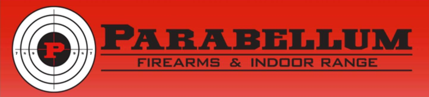 Single Category 4 Logo on a red background featuring a target with a "P" in the center and the text "PARABELLUM FIREARMS & INDOOR RANGE" in bold black letters.