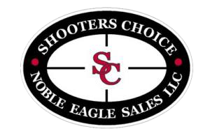 Logo of Shooters Choice Noble Eagle Sales LLC featuring a black oval with a crosshair design. The letters "SC" are in red at the center, surrounded by the company name in white and two red dots.