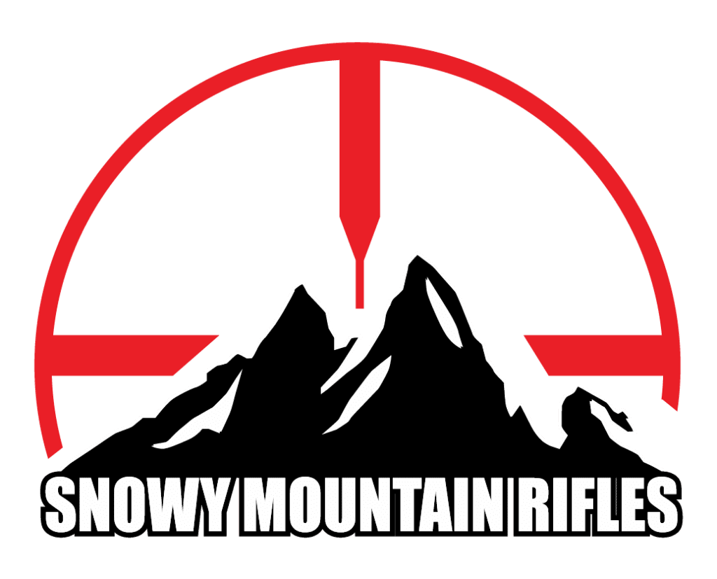 A black mountain silhouette with a bold red crosshair arching over it, and the text "SNOWY MOUNTAIN RIFLES" in large white letters below.