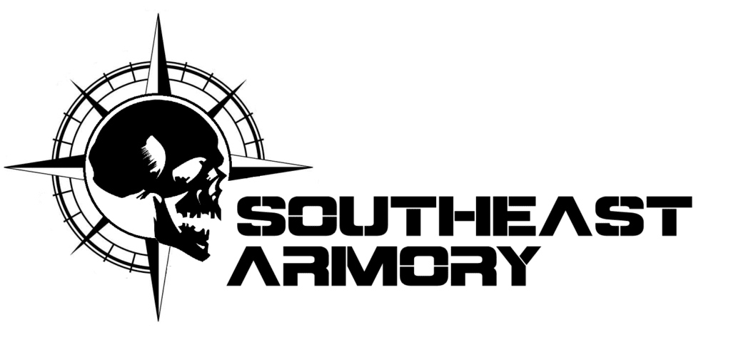 Logo of Southeast Armory featuring a black silhouette of a skull in front of a compass. The name "SOUTHEAST ARMORY" is written in bold, stylized letters to the right of the design.