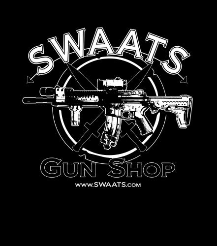 Logo for SWAATS Gun Shop featuring an illustrated firearm with a scope, set against a pair of crossed swords. Text reads: "SWAATS Gun Shop" and includes the website www.SWAATS.com. Design is in black and white.