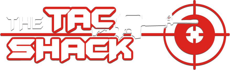 Single Category 1 Logo for "The Tac Shack" featuring bold white and red text. A white silhouette of a rifle is overlaid on the logo with a red target symbol on the right side. The background is black.