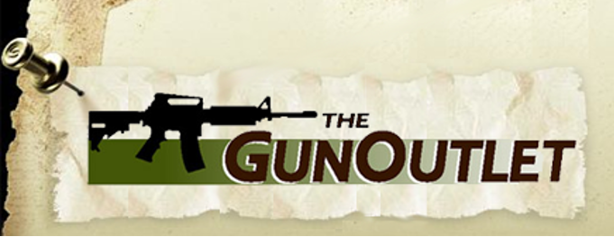 Logo for "The Gun Outlet" features the silhouette of a rifle above the words "The Gun Outlet" on a piece of torn paper, pinned to a corkboard. The text is a mix of green and brown colors.