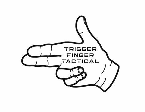 Illustration of a hand forming a gun shape with index and middle fingers extended. The words "Trigger Finger Tactical" are printed across the palm and fingers. The image is black on a white background.