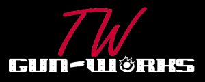 Single Category 2 Logo featuring "TW Gun-Works" in bold white and red letters against a black background, with a stylized bullet forming part of the letter "O" in "Works.