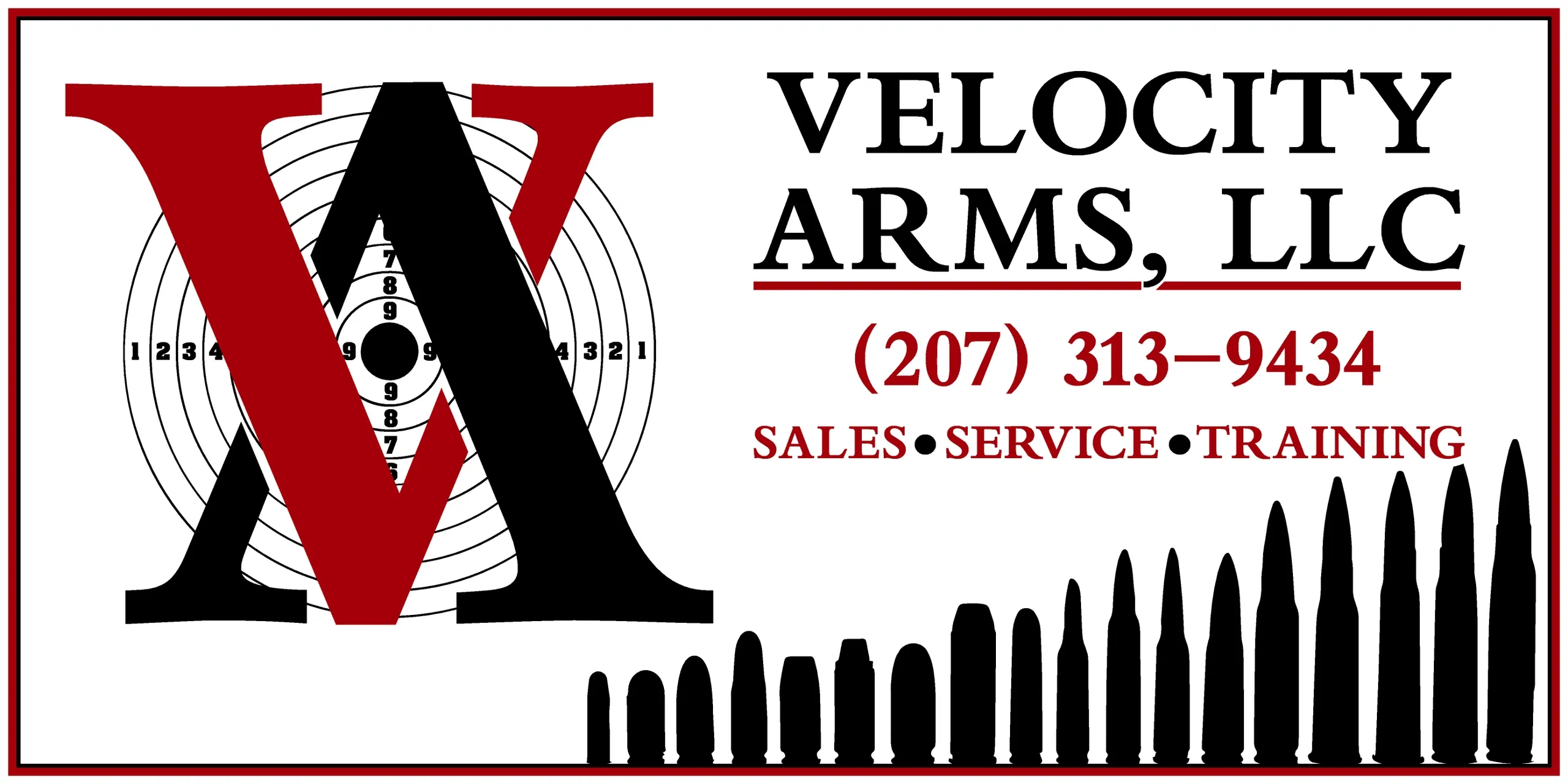 Logo for Velocity Arms, LLC with a large red and black "V" over a shooting target, company name, phone number, and “Sales • Service • Training.” Black bullet silhouettes line the bottom of the image.