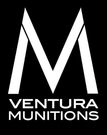 The image shows a large white letter "M" above the words "VENTURA MUNITIONS" in bold white letters, all on a black background.