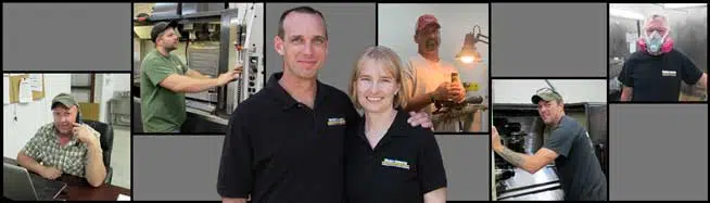 Collage of six images featuring people in various work settings: two individuals in matching polo shirts smiling, others using machinery, a man with a respirator, and a person at a computer. They appear engaged in industrial or office tasks.