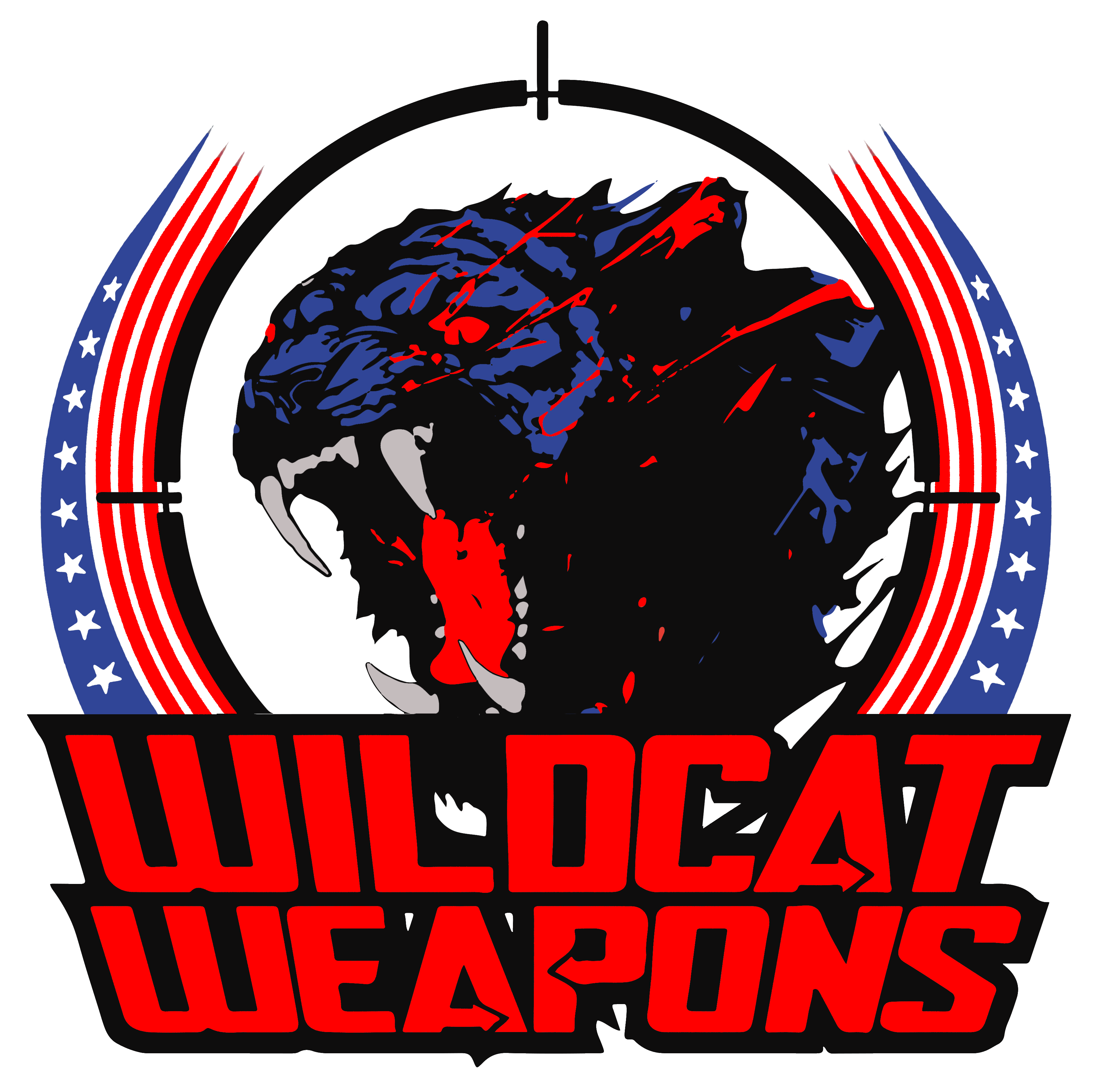 Logo featuring a fierce, roaring wildcat's head with red and blue accents. It is enclosed in a circular emblem with stars and stripes. Below, bold red text reads "Wildcat Weapons.