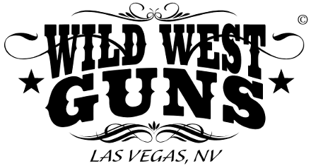Logo for Wild West Guns, featuring bold, decorative black text with ornamental flourishes above and below, and "Las Vegas, NV" written underneath in script font.