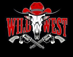 Illustration of a bull skull wearing a red hat, with two crossed revolvers below it. The words "Wild West" are in bold red letters on either side of the skull. The background is black.