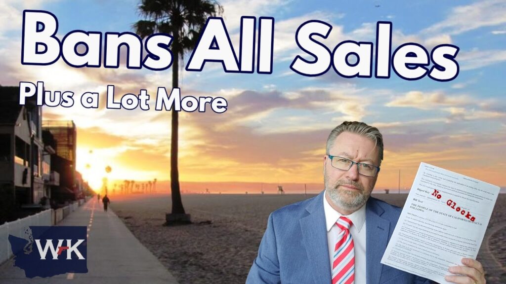 A man in a suit holds a document titled "No Glocks" on a beach at sunset. Large text reads "Bans All Sales Plus a Lot More," with a WK logo and a map of Washington state in the corner.