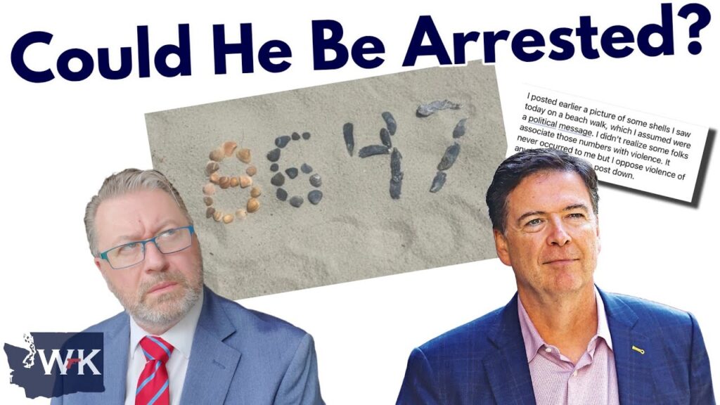 Two men in suits are shown against a white background. In the center, seashells and stones on sand form the numbers “6 4 7.” The text above reads, “Could He Be Arrested?” with an inset of a social media post.