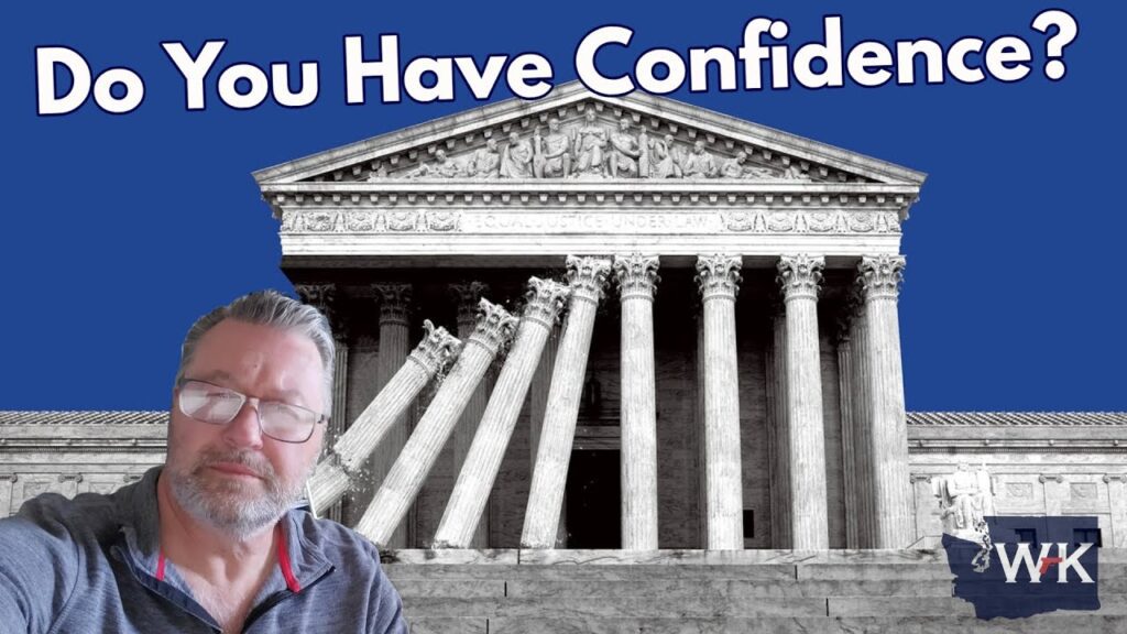 A man with glasses and a beard is in front of an image of the U.S. Supreme Court building with tilted columns. The text at the top asks, "Do You Have Confidence?" and a small "WK" logo is in the corner.