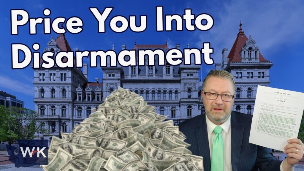 A man in a suit holds up a document, sitting in front of a large pile of cash, with a government building behind him. The text reads, "Price You Into Disarmament.