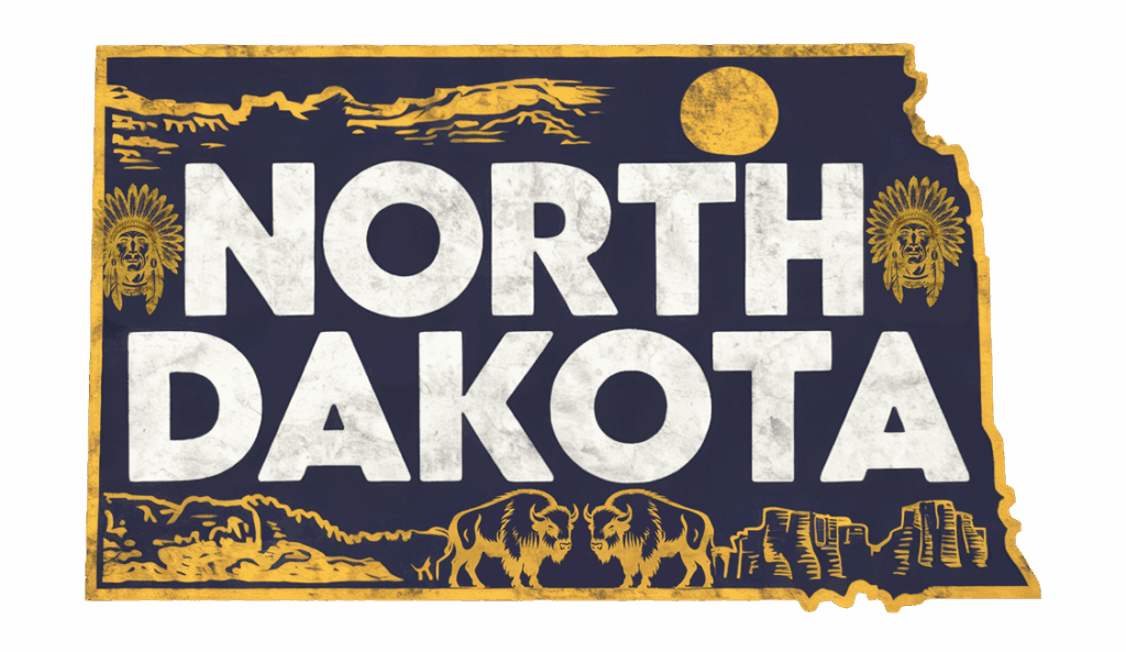 A graphic of North Dakota’s state outline featuring large white text "NORTH DAKOTA" with gold illustrations of Native American figures, bison, mountains, and a sun against a dark blue background.