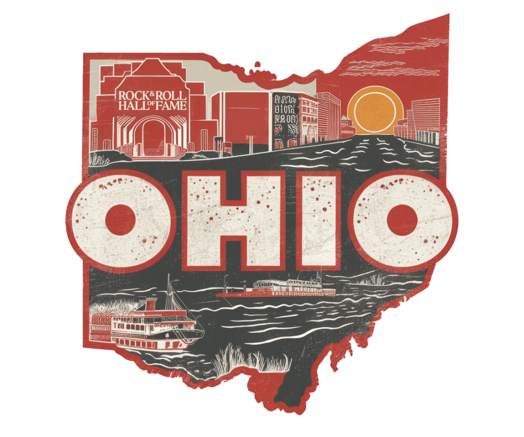 Illustration of Ohio’s state outline featuring "OHIO" in bold letters, the Rock & Roll Hall of Fame, a cityscape, riverboats, and a sunset, all in a vintage red, orange, and cream color scheme.