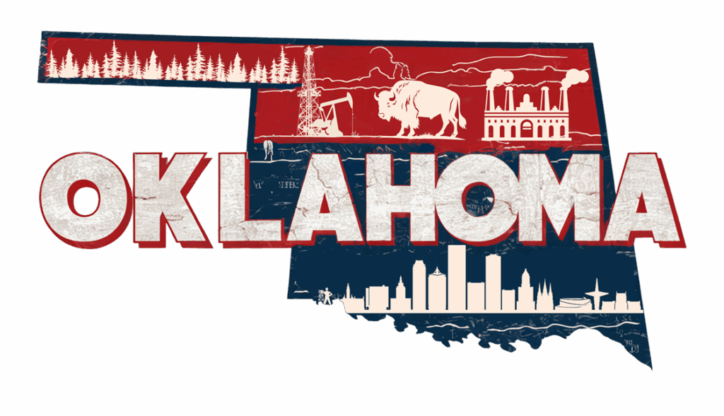 Illustration of Oklahoma’s state shape with “OKLAHOMA” in bold letters; top part shows trees, oil wells, a bison, and a building, while the bottom displays a city skyline and notable landmarks.
