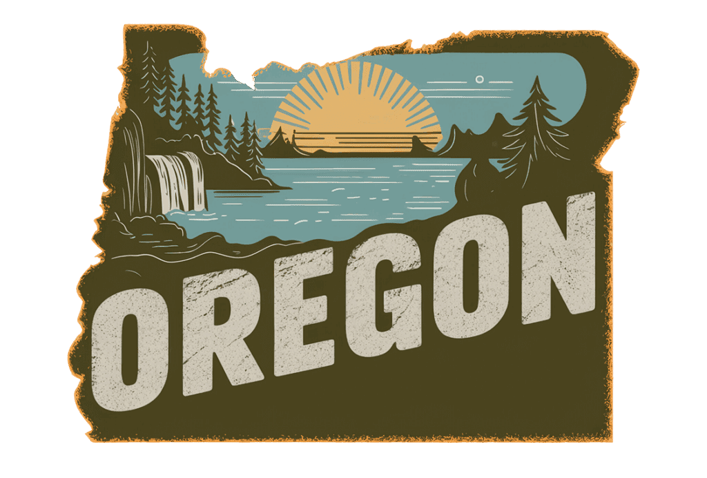 An illustrated image of Oregon's state outline featuring a waterfall, trees, a lake, mountains, and a rising sun, with the word "OREGON" in large textured letters across the landscape.