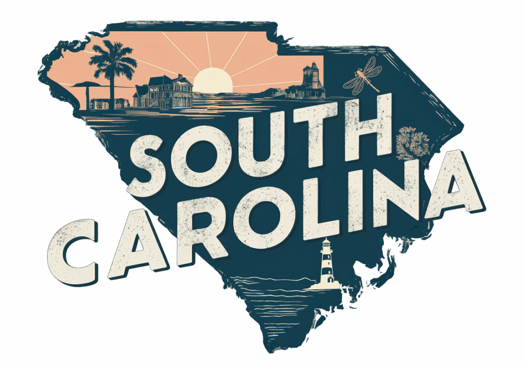 An illustrated map of South Carolina featuring the text “South Carolina,” a sunset, palm trees, historic buildings, a lighthouse, a dragonfly, and a palmetto.