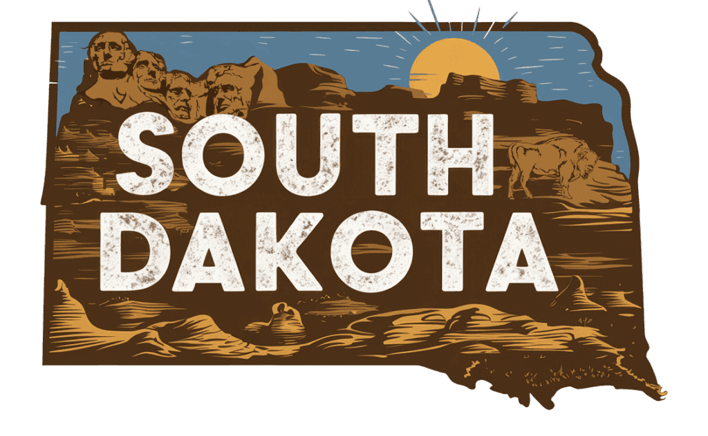 Illustration of South Dakota’s state outline featuring Mount Rushmore, a bison, and a sun in the background, with large text reading “South Dakota” across the center.