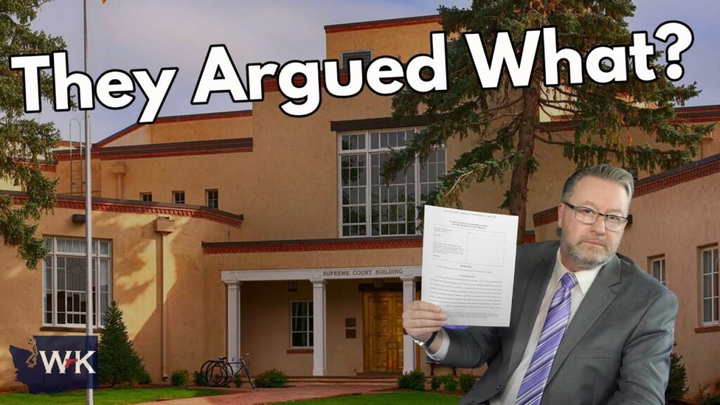 A man in a suit holds up a document in front of a courthouse building. Large text above reads, "They Argued What?" The logo “WK” appears in the bottom left corner.
