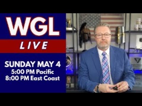 A man in a blue suit stands in front of shelves and an American flag. On the left, text reads: "WGL LIVE SUNDAY MAY 4, 5:00 PM Pacific, 8:00 PM East Coast" on a blue and red background.