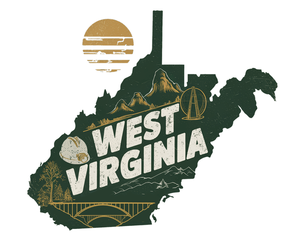 An illustrated map of West Virginia featuring mountains, a bridge, an aerial tram, a moth, trees, and a stylized sun above, with bold text reading "West Virginia" across the state shape.