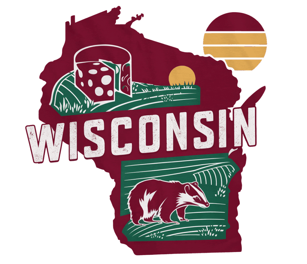 Illustration of Wisconsin's state outline with a wedge of cheese, a sun, and a badger, along with the word "WISCONSIN" in bold white letters across the center.