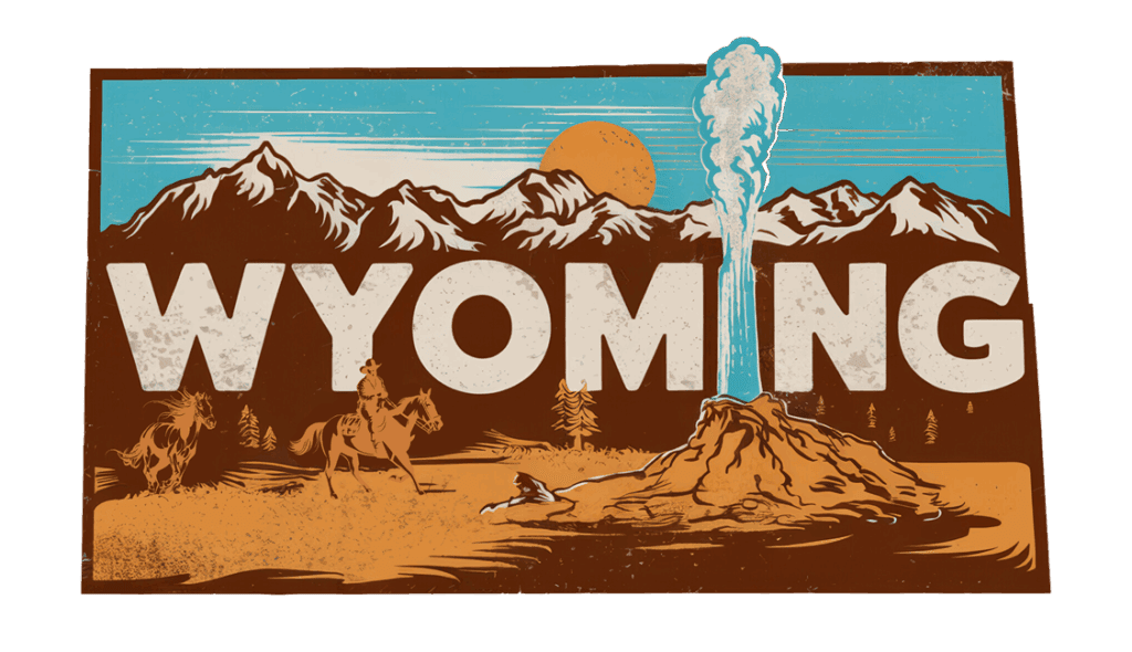 Wyoming Gun Shops 5 Vintage-style illustration featuring the word "WYOMING" with mountains, a geyser erupting, a cowboy on horseback, and a horse in the foreground under a blue sky and orange sun.