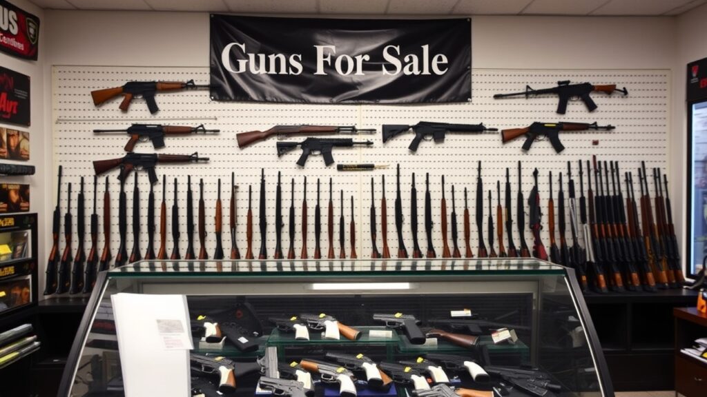 A Gun Shop Directory display features rifles and shotguns mounted on a wall beneath a “Guns For Sale” sign, with various handguns arranged in a glass display case in the foreground.
