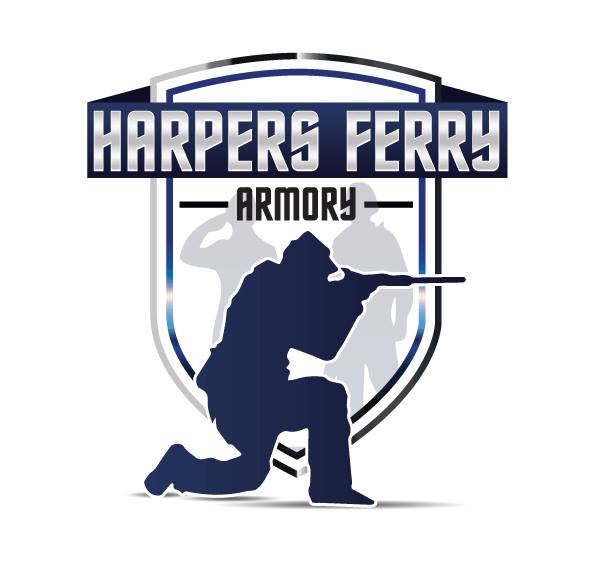 Single Category 6 Logo for Harpers Ferry Armory featuring a shield with the text "Harpers Ferry Armory" and a dark silhouette of a person kneeling and aiming a rifle, with two lighter silhouettes in the background.