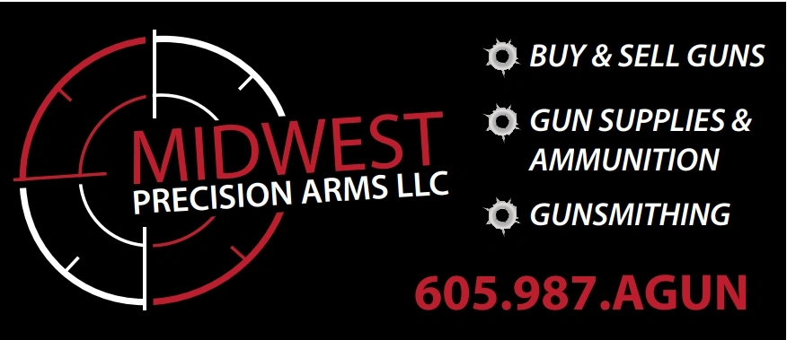 Single Category 3 Black background with a red and white target graphic on the left. Text reads "MIDWEST PRECISION ARMS LLC" and lists services: buying/selling guns, gun supplies/ammunition, and gunsmithing. Phone: 605.987.AGUN.