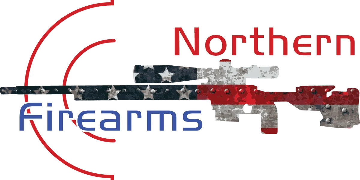 Logo for "Northern Firearms" featuring a stylized gun with an American flag texture, red stripes, and bold red and blue text with partial outlines and metallic rivet details.