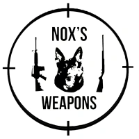 Single Category 2 Black and white logo with the text "Nox's Weapons" inside a crosshair, featuring a dog’s head between illustrations of two rifles.