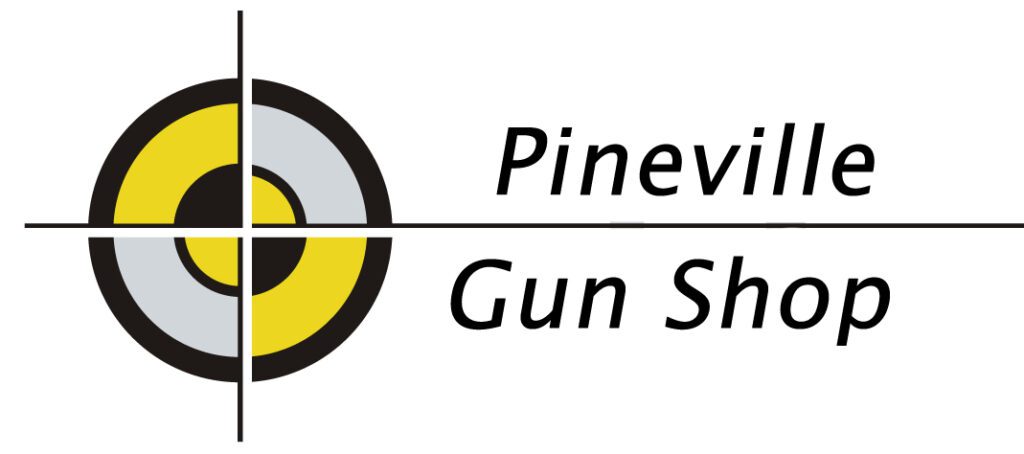 Logo for Pineville Gun Shop featuring a yellow and gray target symbol on the left, intersected by black lines like a crosshair, with the shop name in black text to the right.