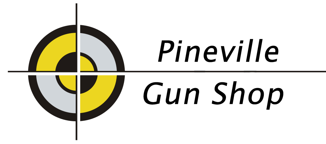 Logo for Pineville Gun Shop featuring a yellow and gray target symbol on the left, intersected by black lines like a crosshair, with the shop name in black text to the right.