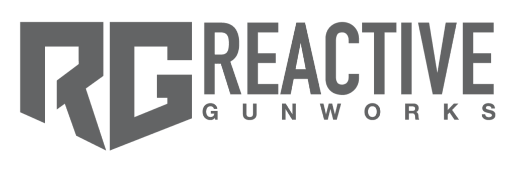 Logo for Reactive Gunworks, featuring large stylized initials "RG" on the left and the words "REACTIVE GUNWORKS" in bold, uppercase letters to the right, all in gray.