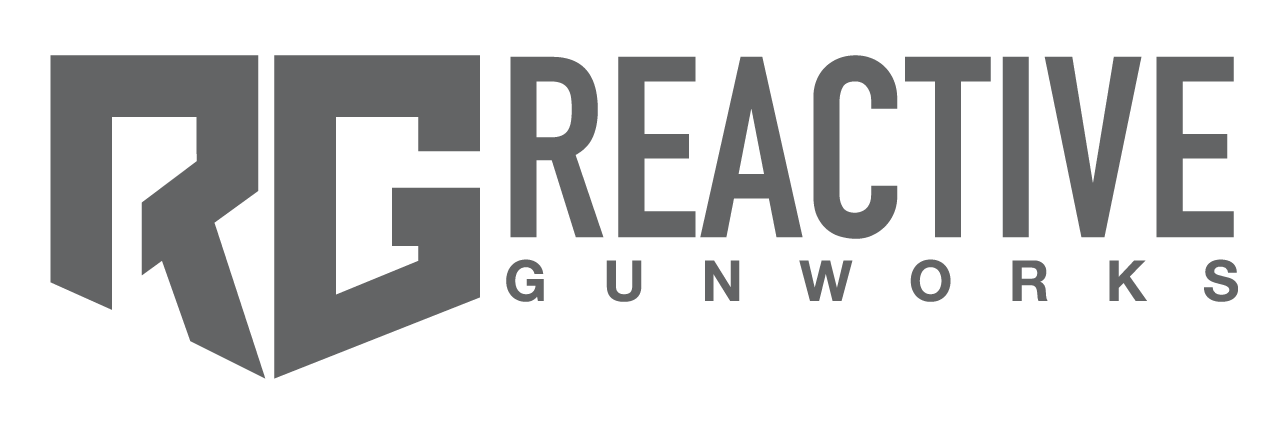 Single Category 6 Logo for Reactive Gunworks, featuring large stylized initials "RG" on the left and the words "REACTIVE GUNWORKS" in bold, uppercase letters to the right, all in gray.