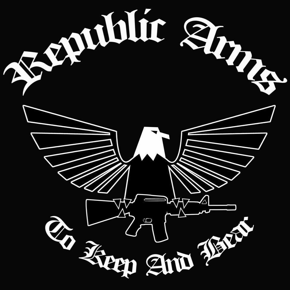 Single Category 4 A white outline of an eagle with spread wings holds a rifle below its talons. The text "Republic Arms" is above the eagle, and "To Keep And Bear" is below, all in bold, decorative script on a black background.