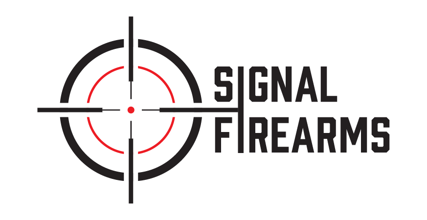 Single Category 5 Logo for "Signal Firearms" featuring a black and red crosshair target icon to the left, with the words "SIGNAL FIREARMS" in bold, black uppercase letters stacked vertically on the right.