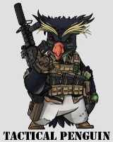 Single Category 1 A cartoon penguin dressed in tactical military gear, holding a rifle and wearing a vest with pouches, is shown above the caption "TACTICAL PENGUIN.