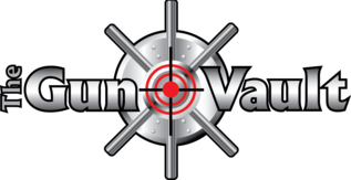 Single Category 2 Logo for "The Gun Vault" with the words in silver. A large vault door and red target symbol are behind the text, with the vault’s metal spokes extending outward. Black background.